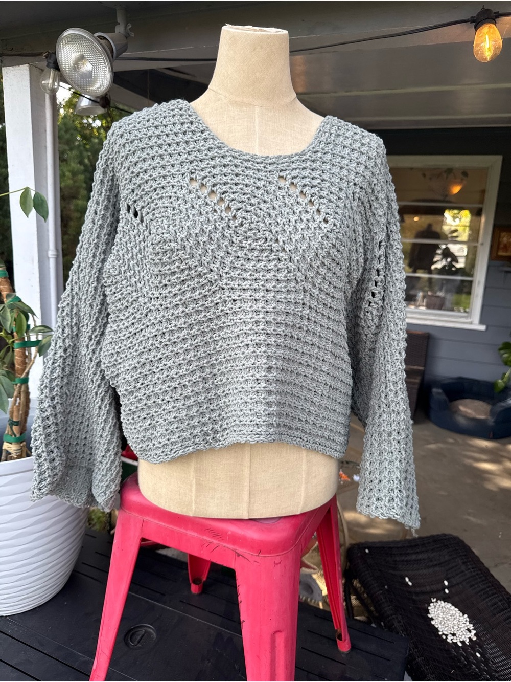POL Light Green Open-Knit Cropped Crew Sweater